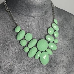 Statement Necklace mint Green Silver tone costume jewelry faceted faux stones